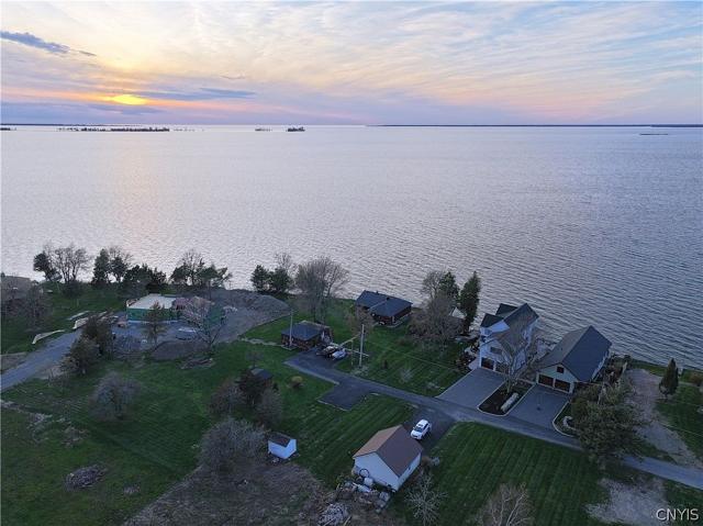 Aerial view of the shoreline at sunset
